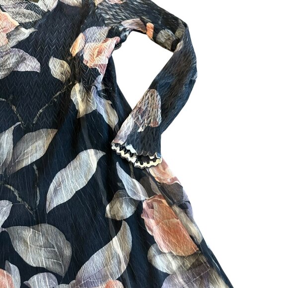 Komarov Grey Floral Print Midi Dress V-Neck Stretch Crinkle Size Small Women NWT - Picture 4 of 15